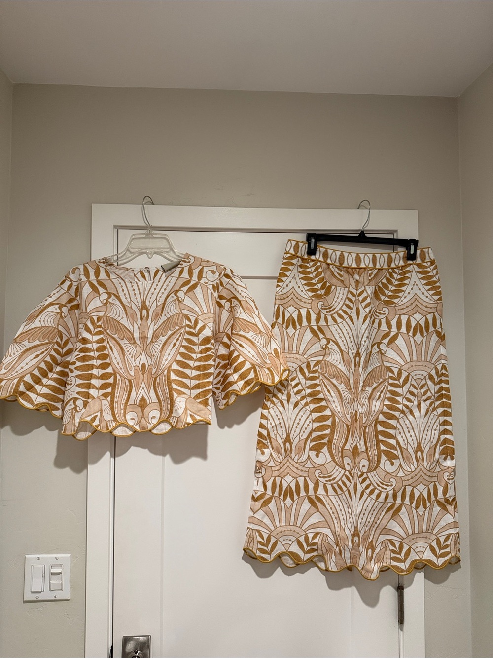 FARM Rio Mustard & White Printed Scalloped Hem Skirt Set